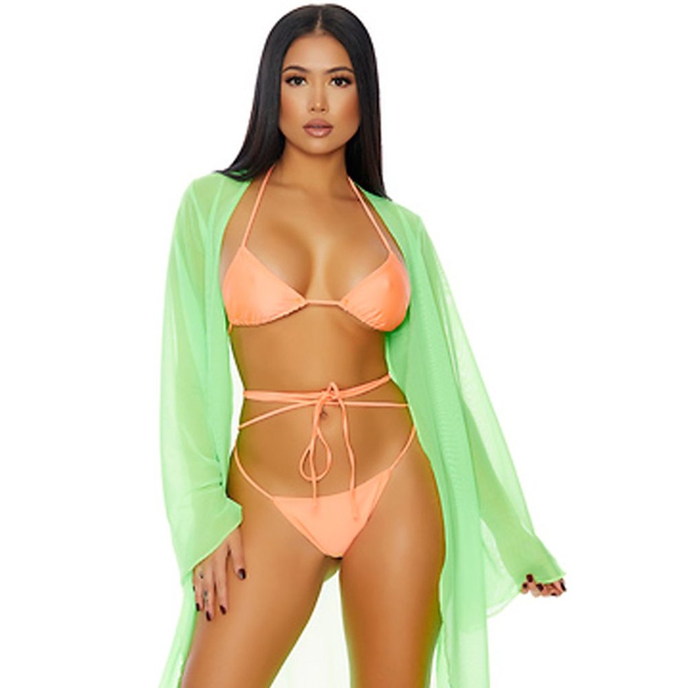 Sheer Mesh Kimono Long Swim Coverup Neon Green